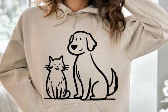 Cat and Dog Friendship Line Art