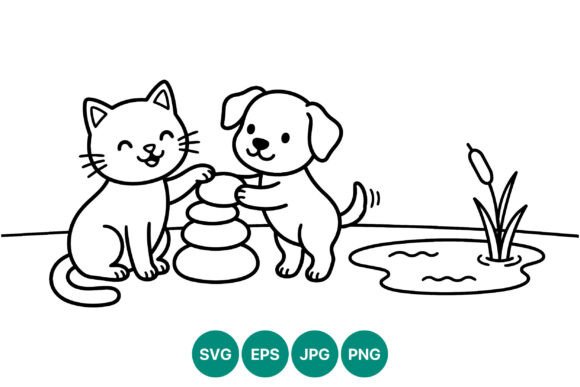 Cat and Dog Stacking Stones Line Art