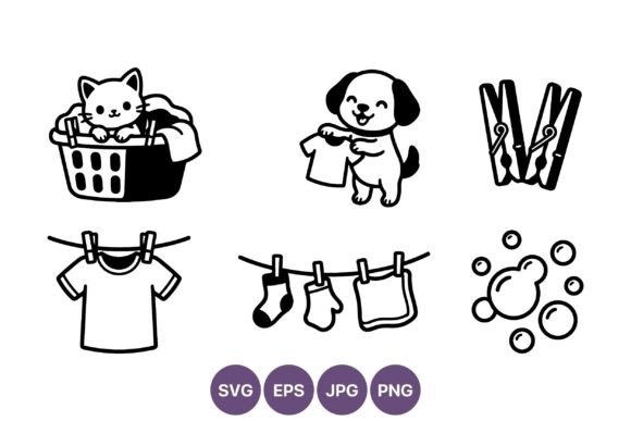 Cat Dog Laundry Line Art Vector