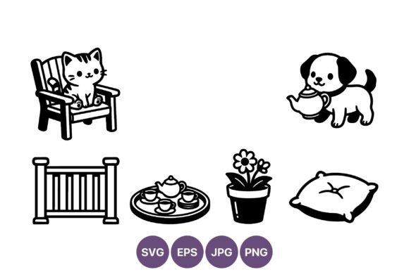 Cute Cat Dog Tea Set Vector