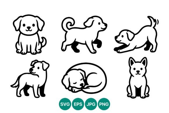 Cute Dog Puppies Line Art