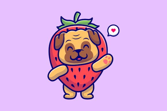 Cute Pug Dog Strawberry Cartoon