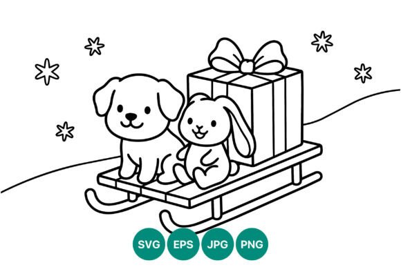 Dog Bunny Sled Gift Line Art