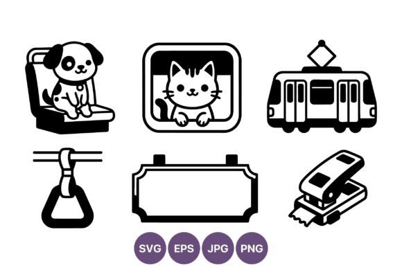 Dog Cat Tram Ticket Stapler Vector Icons