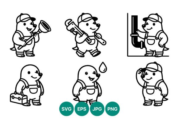 Dog Plumber Cartoon Line Art Vector