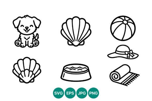 Dog Shell Beach Ball Sun Hat Icon Set