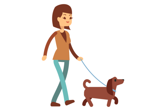 Dog Walking with Woman. Cartoon Girl and